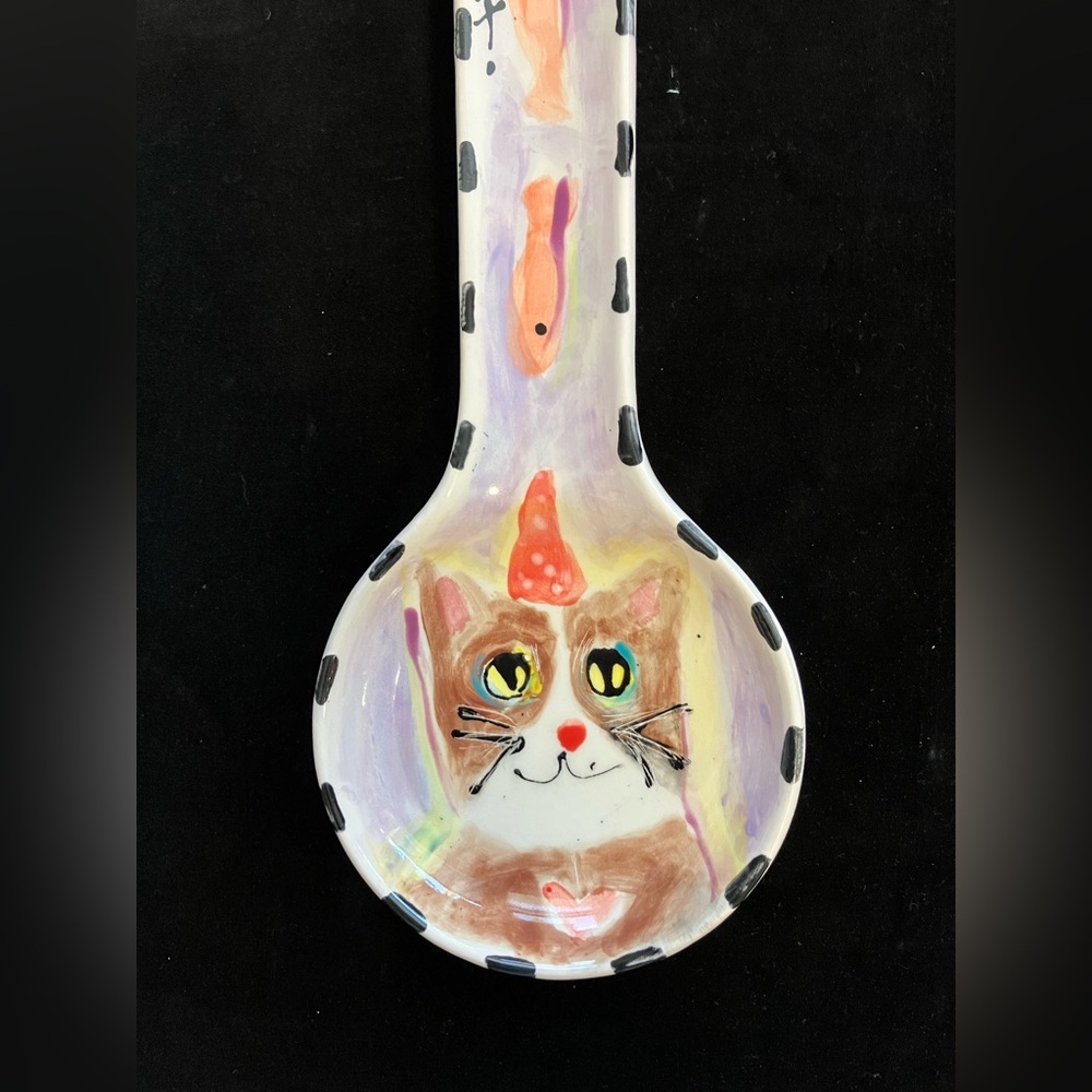 Whimsical Cat Ceramic Hand painted Spoon Rest “11”x5”